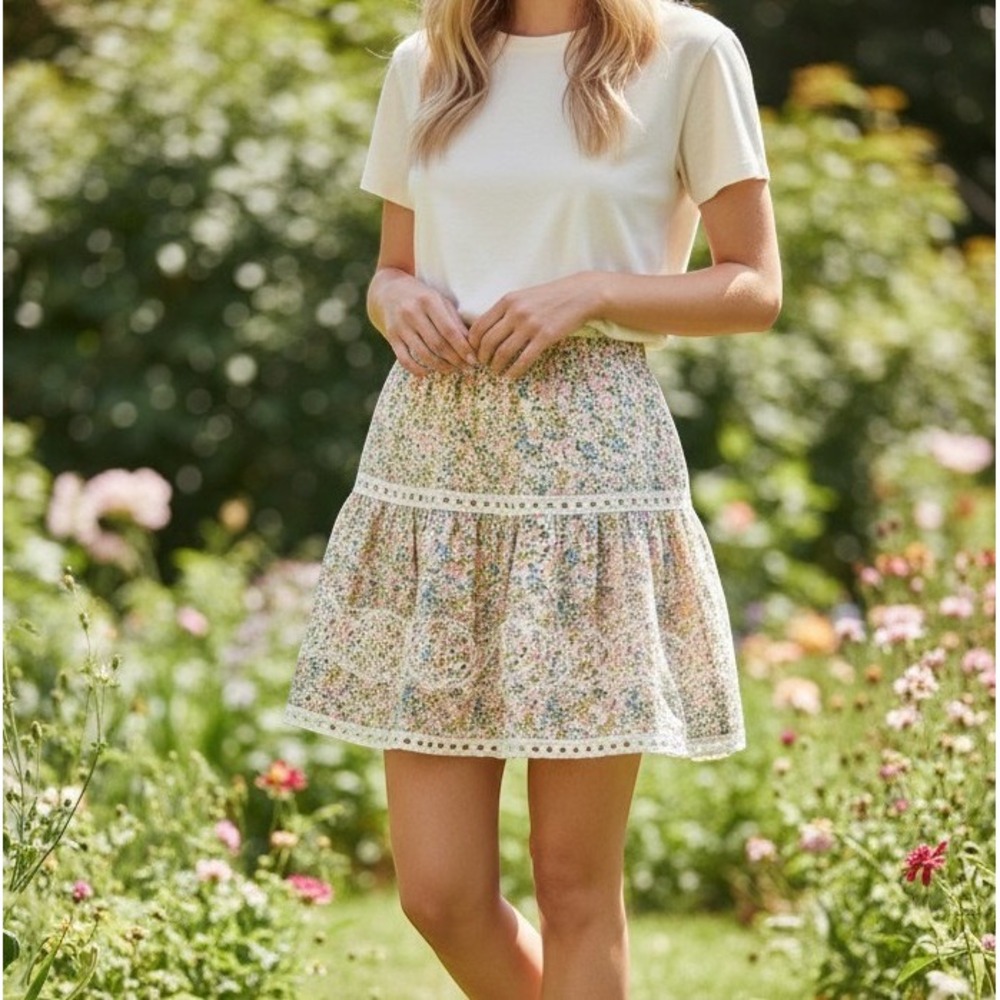 Jennifer Grace Floral Eyelet Mini Skirt Women M Cream Tiered Boho Cottagecore